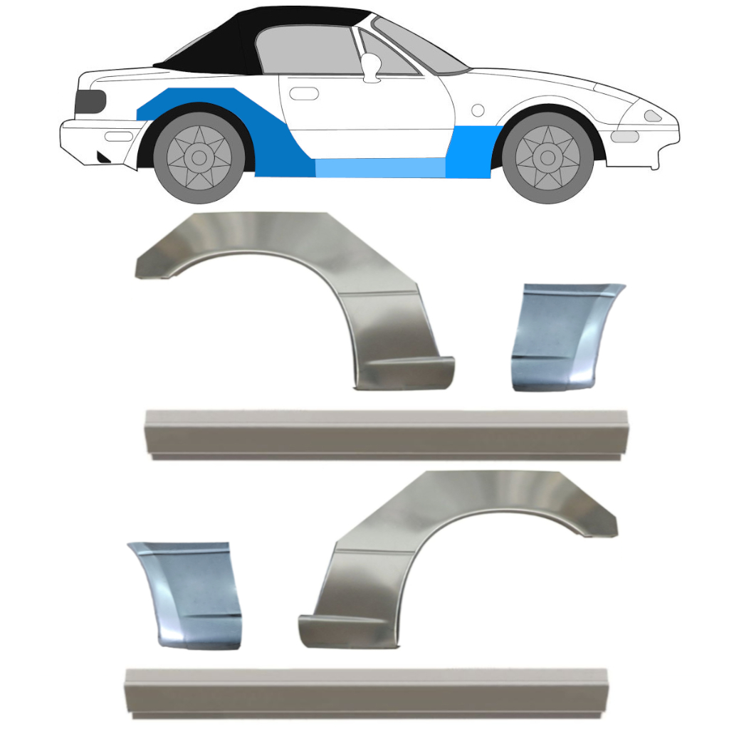 Panel de reparación del umbral + guardabarros delantero + guardabarros trasero para Mazda MX-5 1989-1998 / Conjunto 12582